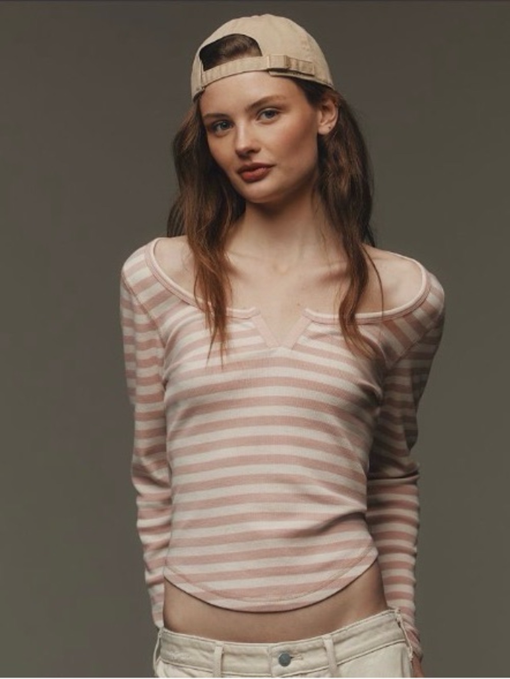Anthropologie Pink and White Striped Cold-Shoulder Long Sleeve Top